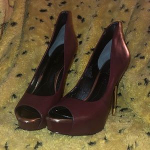 Burgundy and Gold Peep Toe pumps